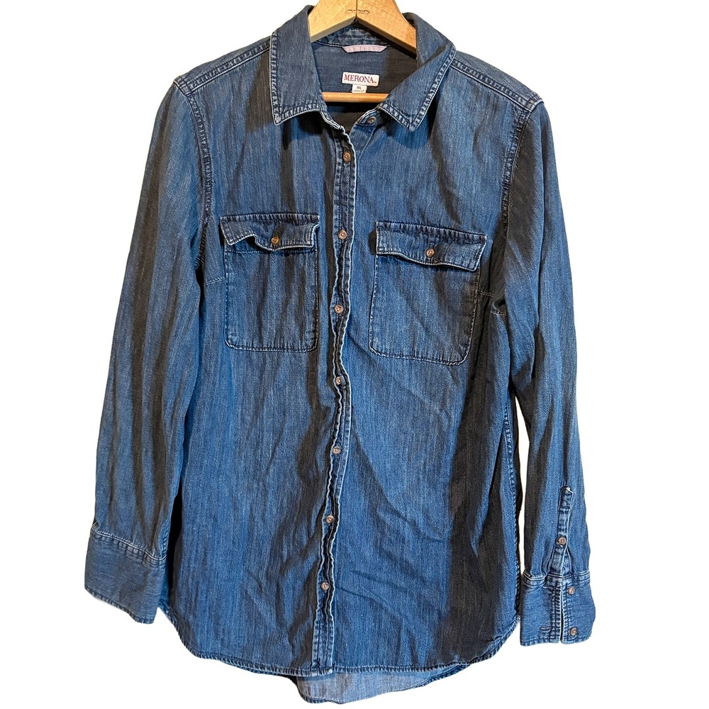 Merona Womens Chambray Long Sleeve Button Up Shirt 100% Cotton Denim Blouse XL